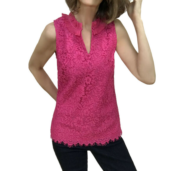 J.Crew Lace Ruffle Neck Top Sz XS TALL New $88 Fuchsia Pink Sleeveless Blouse - Picture 1 of 7